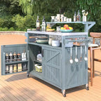 Isla de cocina exterior 43 K&K, carrito para parrilla de madera maciza gris-azul con tapa de acero inoxidable (estante elevado + rejilla de almacenamiento ajustable)