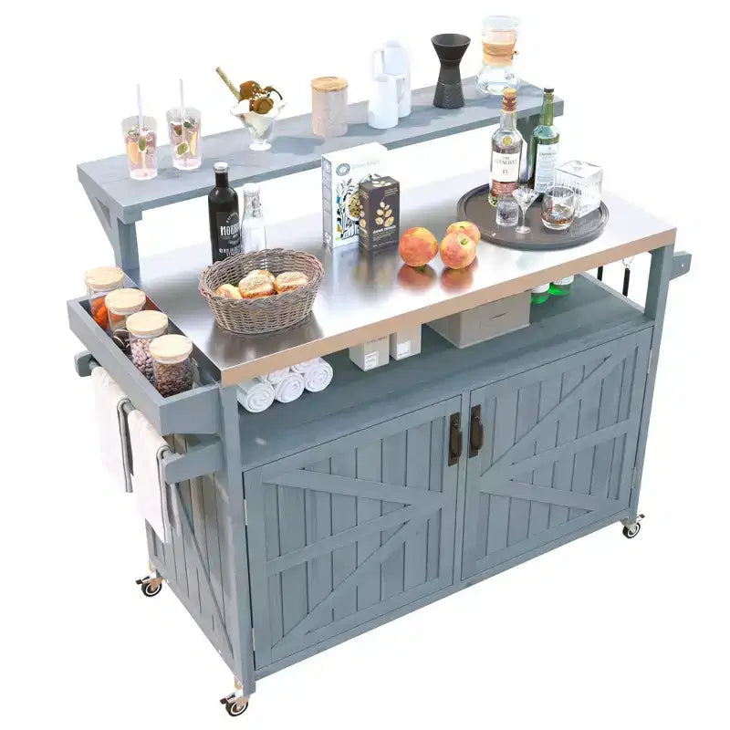 Isla de cocina exterior 43 K&K, carrito para parrilla de madera maciza gris-azul con tapa de acero inoxidable (estante elevado + rejilla de almacenamiento ajustable)