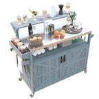 Isla de cocina exterior 43 K&K, carrito para parrilla de madera maciza gris-azul con tapa de acero inoxidable (estante elevado + rejilla de almacenamiento ajustable)