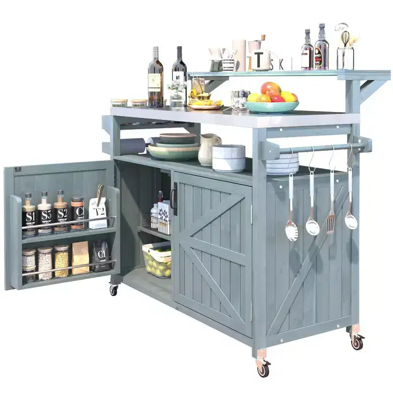 Isla de cocina exterior 43 K&K, carrito para parrilla de madera maciza gris-azul con tapa de acero inoxidable (estante elevado + rejilla de almacenamiento ajustable)