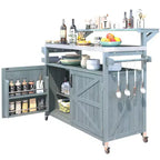 Isla de cocina exterior 43 K&K, carrito para parrilla de madera maciza gris-azul con tapa de acero inoxidable (estante elevado + rejilla de almacenamiento ajustable)