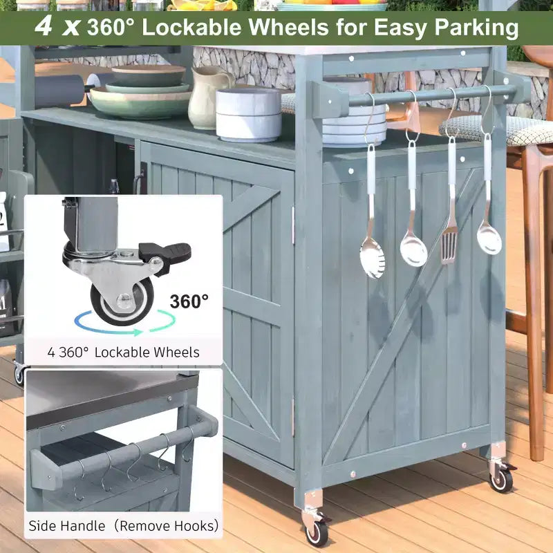Isla de cocina exterior 43 K&K, carrito para parrilla de madera maciza gris-azul con tapa de acero inoxidable (estante elevado + rejilla de almacenamiento ajustable)