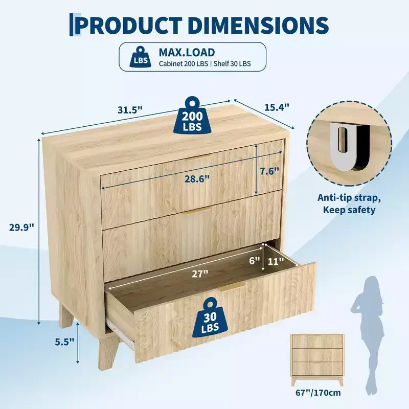 Cómoda de 3 cajones para dormitorio, cómoda de madera de 80 cm de ancho con tiradores dorados, mesita de noche pequeña estriada y mesa auxiliar para dormitorio, sala de estar