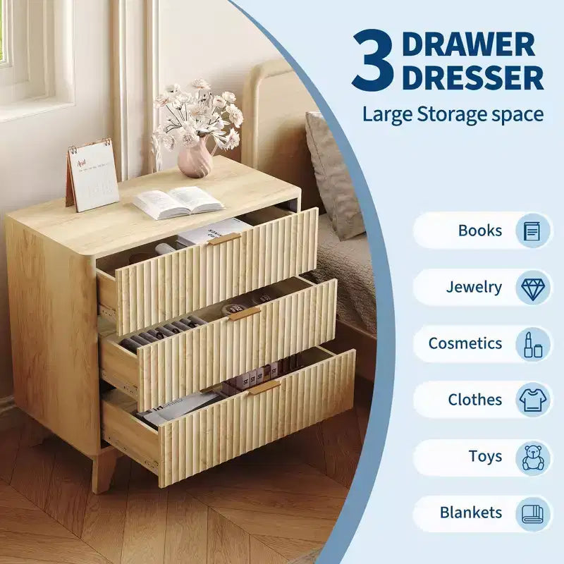 Cómoda de 3 cajones para dormitorio, cómoda de madera de 80 cm de ancho con tiradores dorados, mesita de noche pequeña estriada y mesa auxiliar para dormitorio, sala de estar