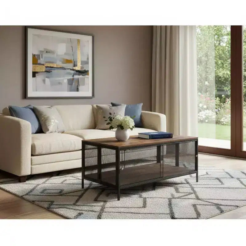 Mesa de centro de madera y metal, color café y negro, con estante, de 41"