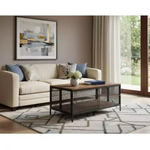 Mesa de centro de madera y metal, color café y negro, con estante, de 41"