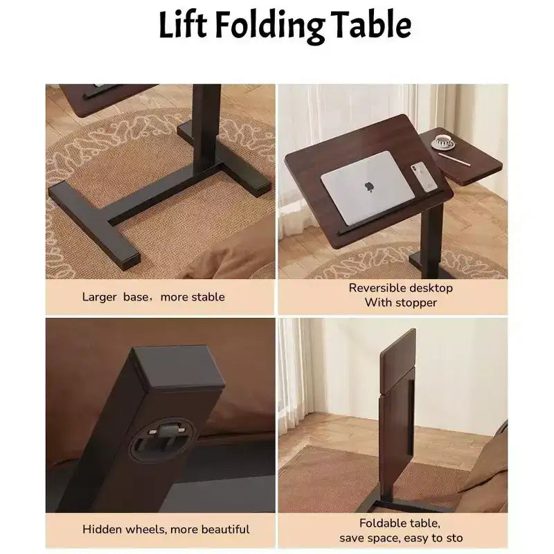 Mesita de Noche Plegable, Mesa Auxiliar Móvil con Ruedas para Portátil, Inclinable con Ruedas, Altura Ajustable, para Portátil, Cama, Mesa Auxiliar, Nogal