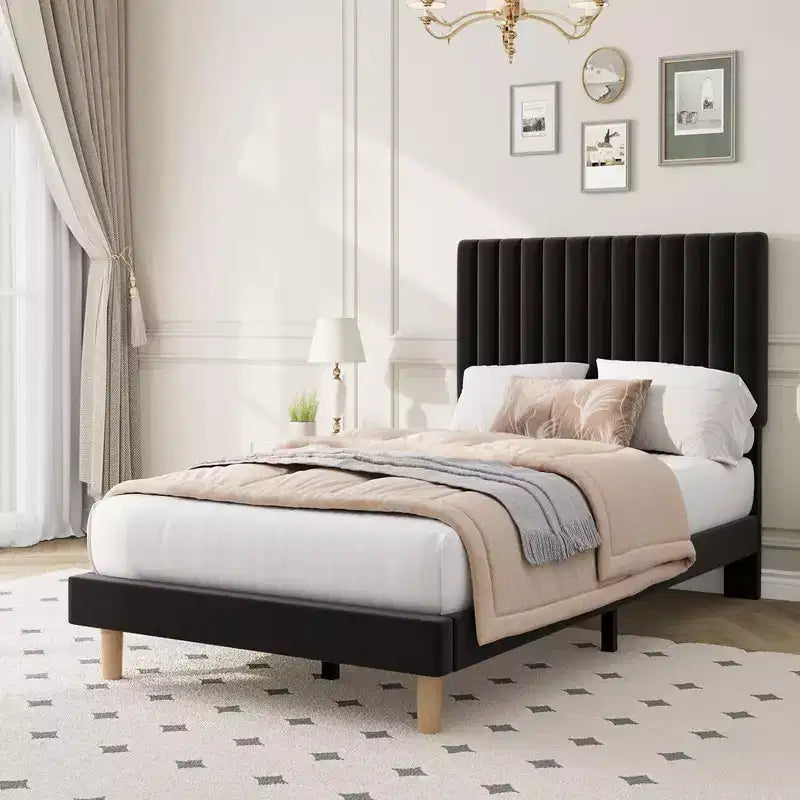 Base de cama con cabecero ajustable, base de cama de plataforma tapizada, soporte de listones de madera, no necesita somier