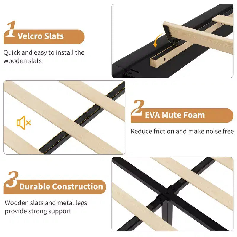 Base de cama con cabecero ajustable, base de cama de plataforma tapizada, soporte de listones de madera, no necesita somier