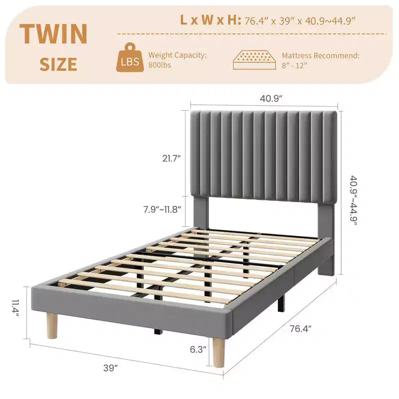 Base de cama con cabecero ajustable, base de cama de plataforma tapizada, soporte de listones de madera, no necesita somier