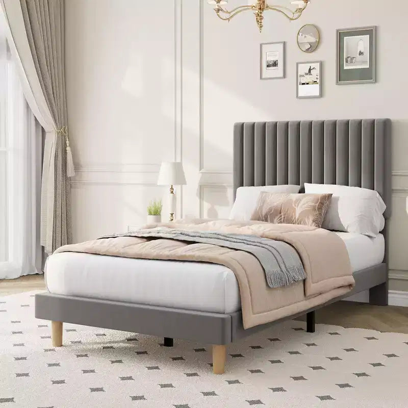 Base de cama con cabecero ajustable, base de cama de plataforma tapizada, soporte de listones de madera, no necesita somier