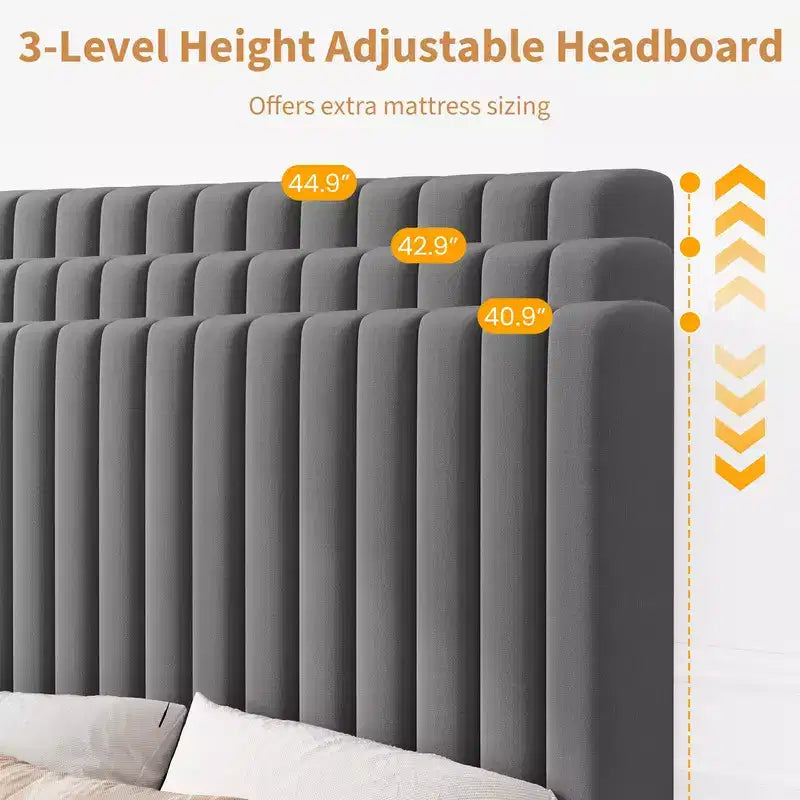 Base de cama con cabecero ajustable, base de cama de plataforma tapizada, soporte de listones de madera, no necesita somier