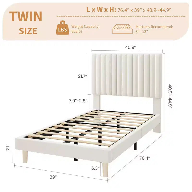 Base de cama con cabecero ajustable, base de cama de plataforma tapizada, soporte de listones de madera, no necesita somier