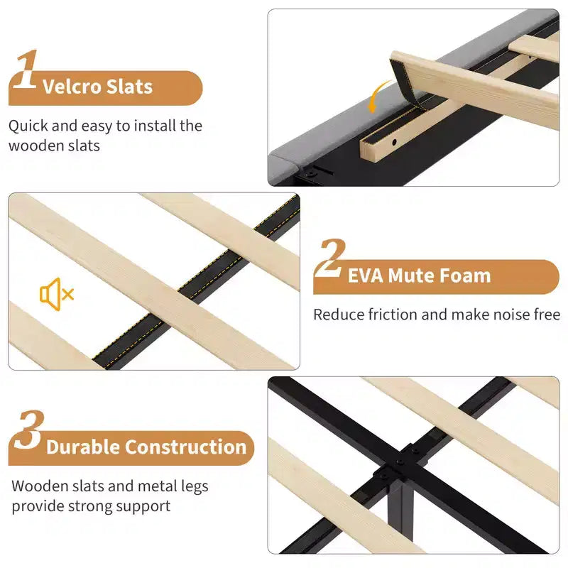 Base de cama con cabecero ajustable, base de cama de plataforma tapizada, soporte de listones de madera, no necesita somier