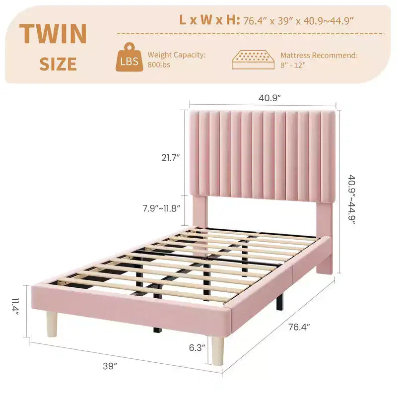 Base de cama con cabecero ajustable, base de cama de plataforma tapizada, soporte de listones de madera, no necesita somier