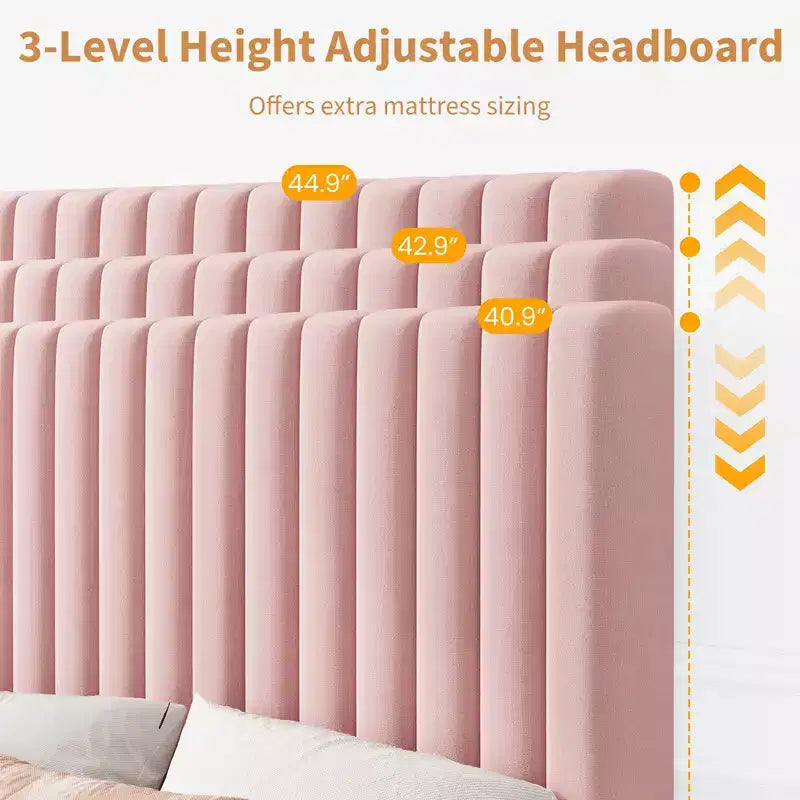 Base de cama con cabecero ajustable, base de cama de plataforma tapizada, soporte de listones de madera, no necesita somier