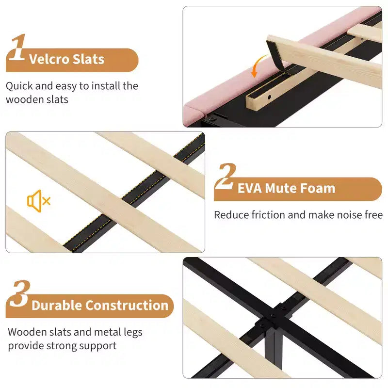 Base de cama con cabecero ajustable, base de cama de plataforma tapizada, soporte de listones de madera, no necesita somier