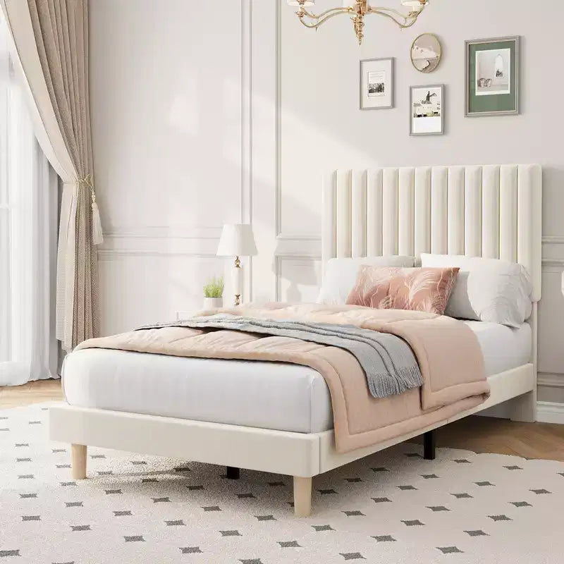 Base de cama con cabecero ajustable, base de cama de plataforma tapizada, soporte de listones de madera, no necesita somier