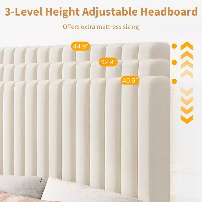Base de cama con cabecero ajustable, base de cama de plataforma tapizada, soporte de listones de madera, no necesita somier