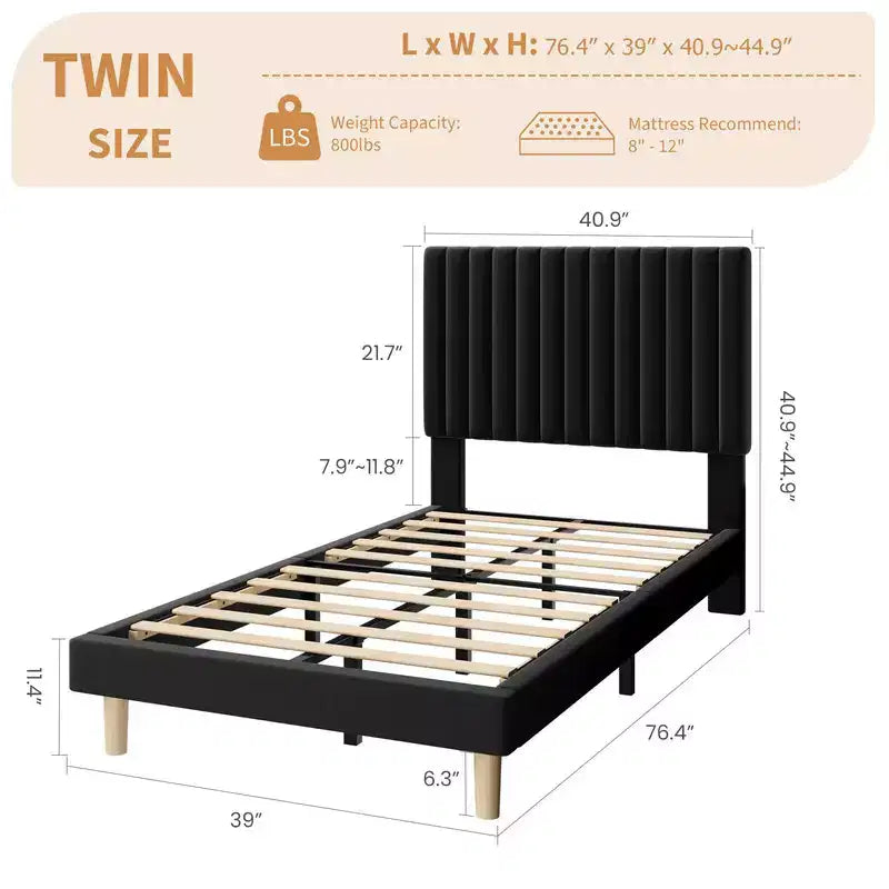 Base de cama con cabecero ajustable, base de cama de plataforma tapizada, soporte de listones de madera, no necesita somier