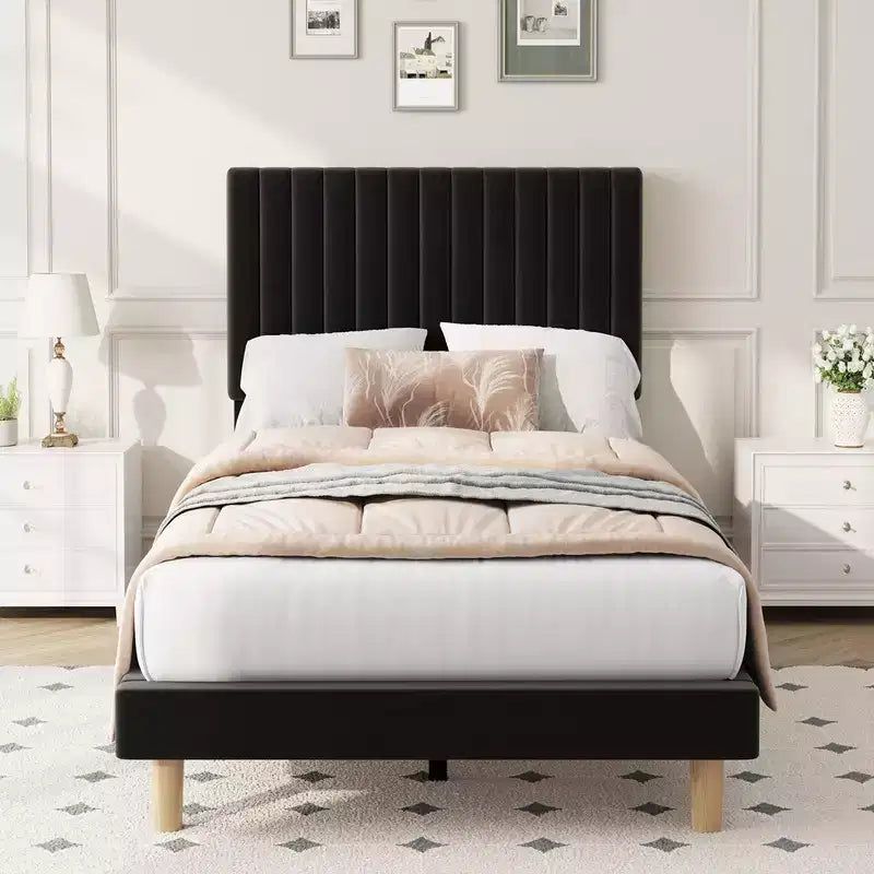 Base de cama con cabecero ajustable, base de cama de plataforma tapizada, soporte de listones de madera, no necesita somier