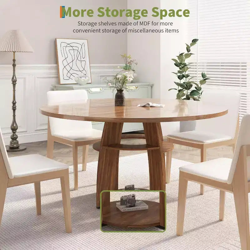 Mesa de comedor redonda de 47 pulgadas para 4 a 6 personas, mesa de cocina moderna de estilo rústico con estante de almacenamiento y patas ajustables para comedor