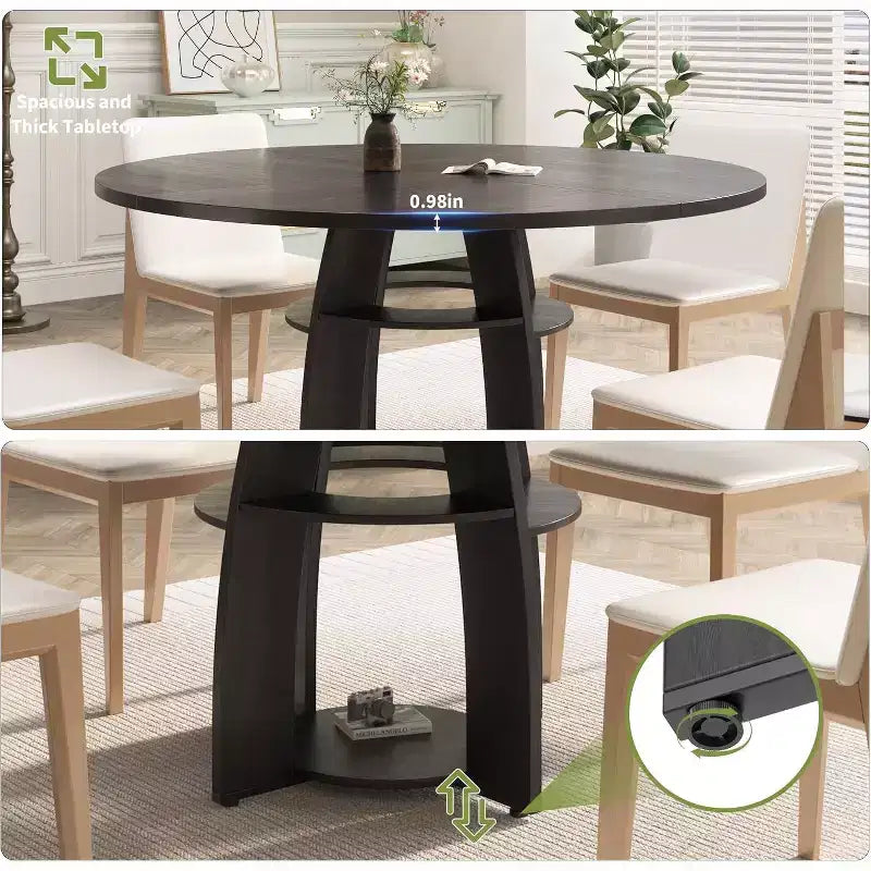 Mesa de comedor redonda de 47 pulgadas para 4 a 6 personas, mesa de cocina moderna de estilo rústico con estante de almacenamiento y patas ajustables para comedor
