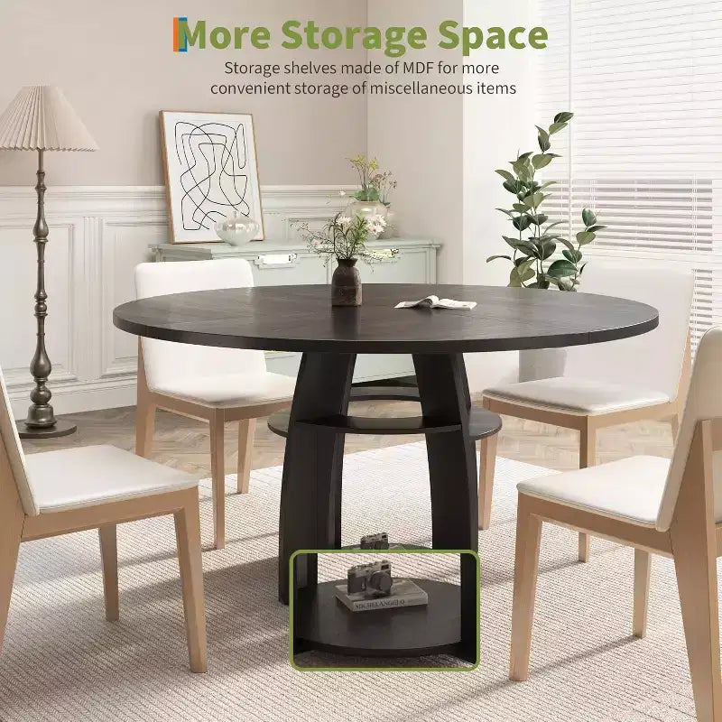 Mesa de comedor redonda de 47 pulgadas para 4 a 6 personas, mesa de cocina moderna de estilo rústico con estante de almacenamiento y patas ajustables para comedor