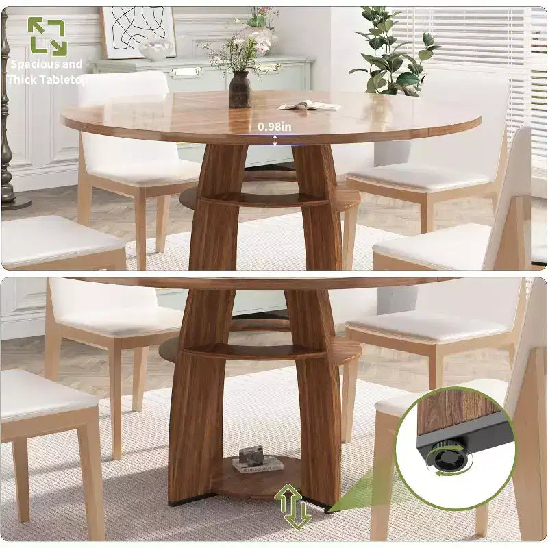 Mesa de comedor redonda de 47 pulgadas para 4 a 6 personas, mesa de cocina moderna de estilo rústico con estante de almacenamiento y patas ajustables para comedor