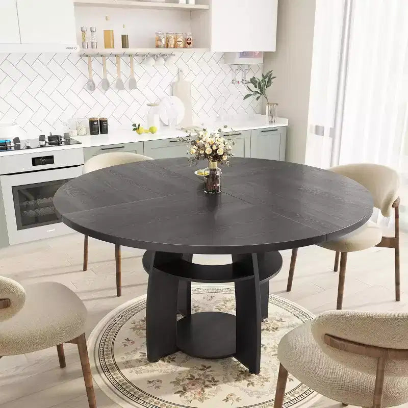 47 Inch Round Dining Table for 4 to 6, Modern Farmhouse Kitchen Table with Storage Shelf and Adjustable Feet for Dining Room