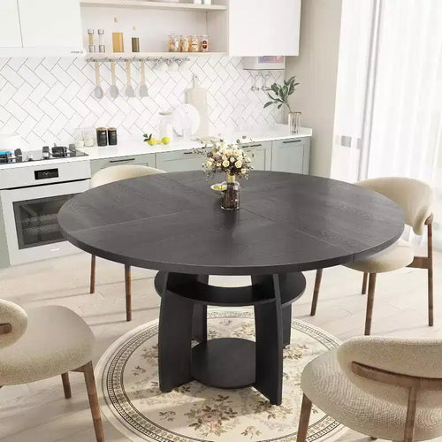 47 Inch Round Dining Table for 4 to 6, Modern Farmhouse Kitchen Table with Storage Shelf and Adjustable Feet for Dining Room