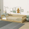 Clihome Twin Size Floor Bed with Fence without Door, Rubber Wood Floor Bed with Safety Guardrails