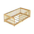 Cama de piso individual con valla sin puerta, cama de piso de madera de caucho con barandillas de seguridad