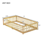Cama de piso individual con valla sin puerta, cama de piso de madera de caucho con barandillas de seguridad