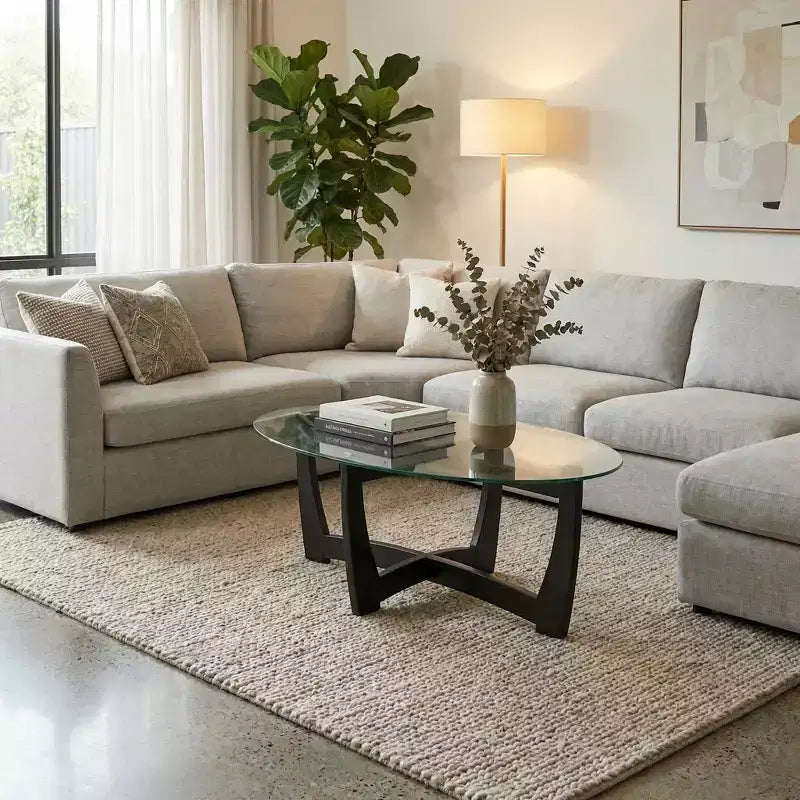 Mesa de centro ovalada de cristal templado de 48" con estructura de madera maciza para sala de estar, oficina y apartamento