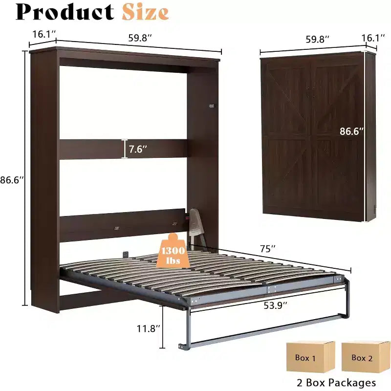 Cama de pared Murphy con luz LED y estación de carga, cama tipo armario plegable con resortes de gas