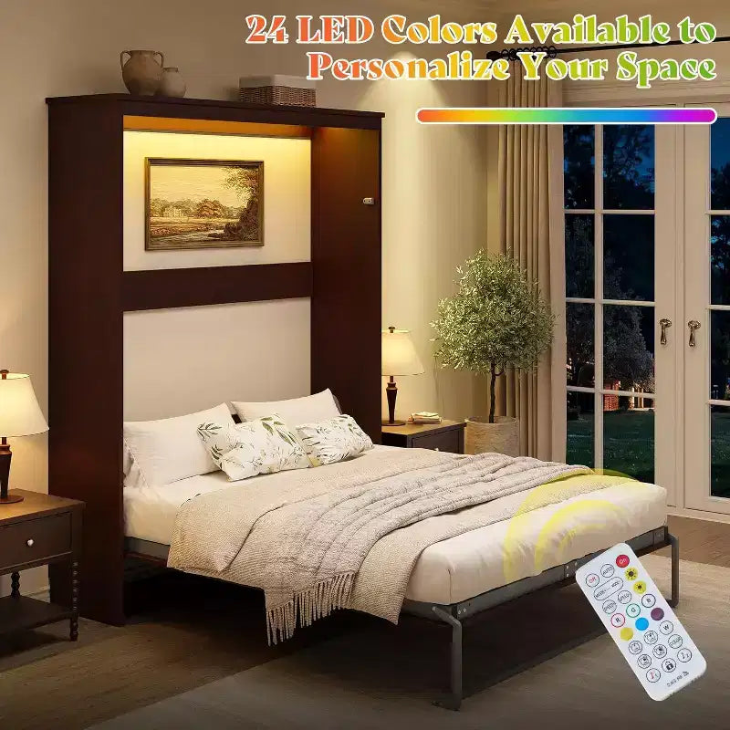 Cama de pared Murphy con luz LED y estación de carga, cama tipo armario plegable con resortes de gas
