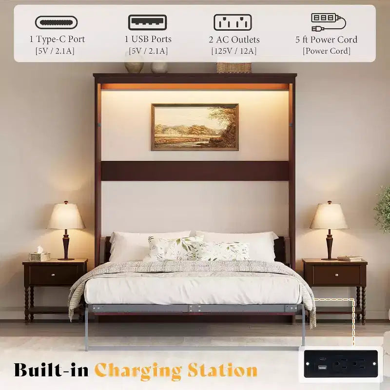 Cama de pared Murphy con luz LED y estación de carga, cama tipo armario plegable con resortes de gas