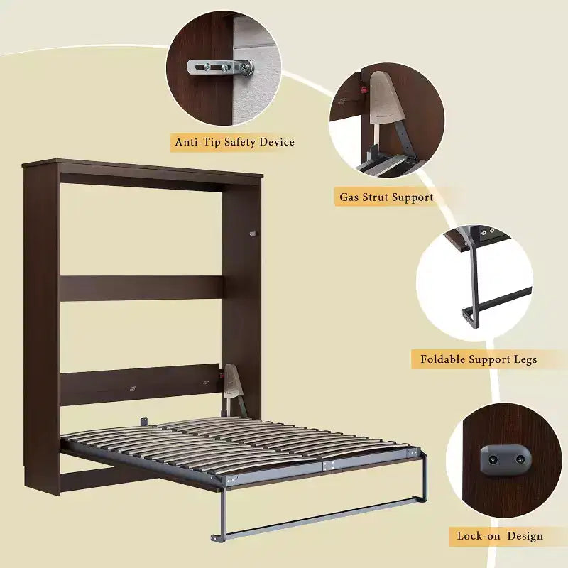 Cama de pared Murphy con luz LED y estación de carga, cama tipo armario plegable con resortes de gas
